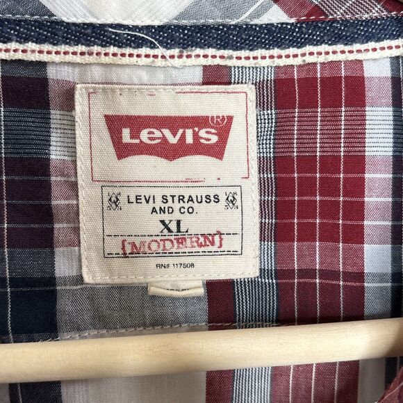 LEVI'S MODERN PLAID LONG SLEEVE SHIRT RED WHITE BLUE COWBOY PEARL SNAP FRONT XL - Picture 3 of 10